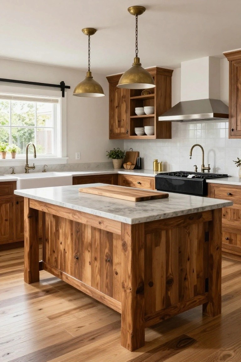 A kitchen interior with dark wooden cabinets, a large wooden island topped with white marble countertop, white farmhouse sink, brass pendant lights, and subway tile backsplash.