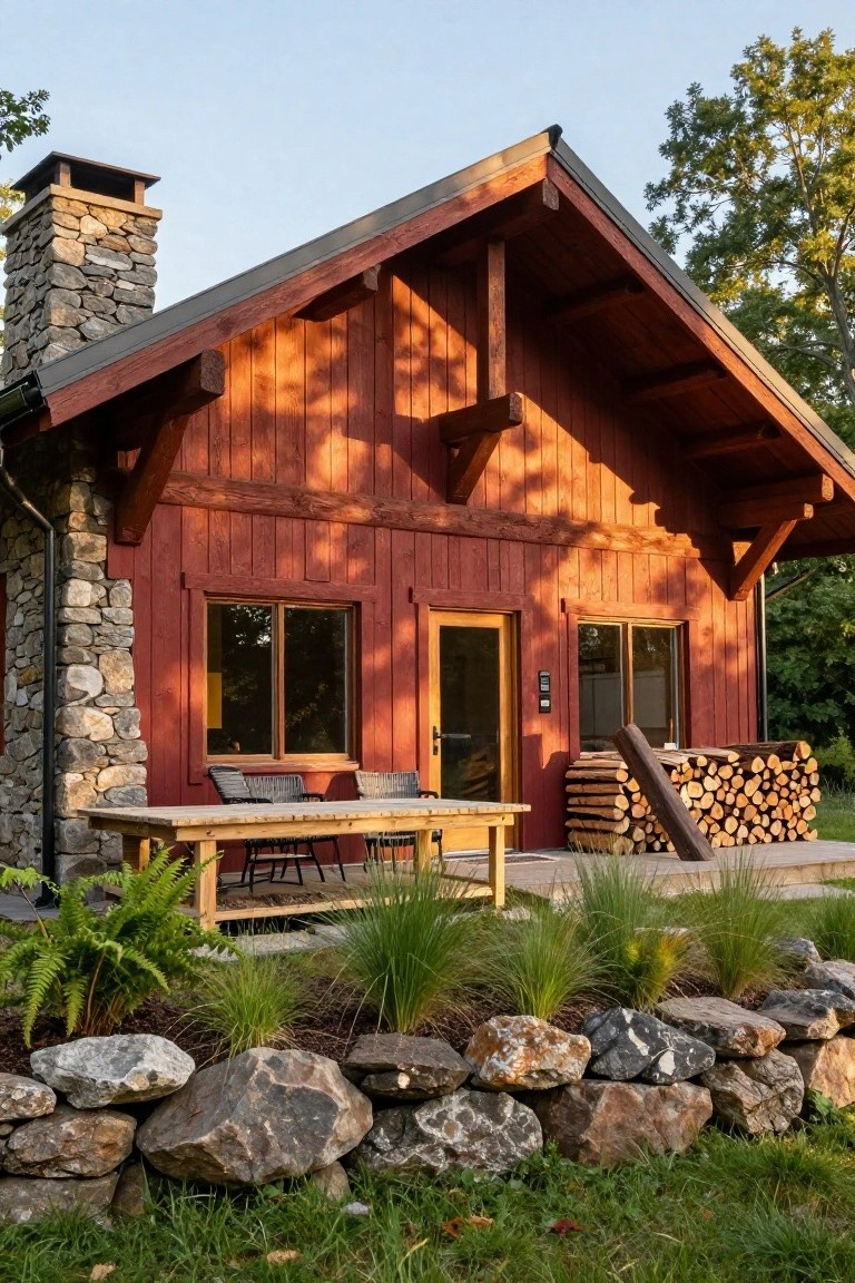 Red wooden cabin with gabled roof, stone chimney and foundation, front deck with table, chairs, and firewood stack, edged by rock wall and plants.