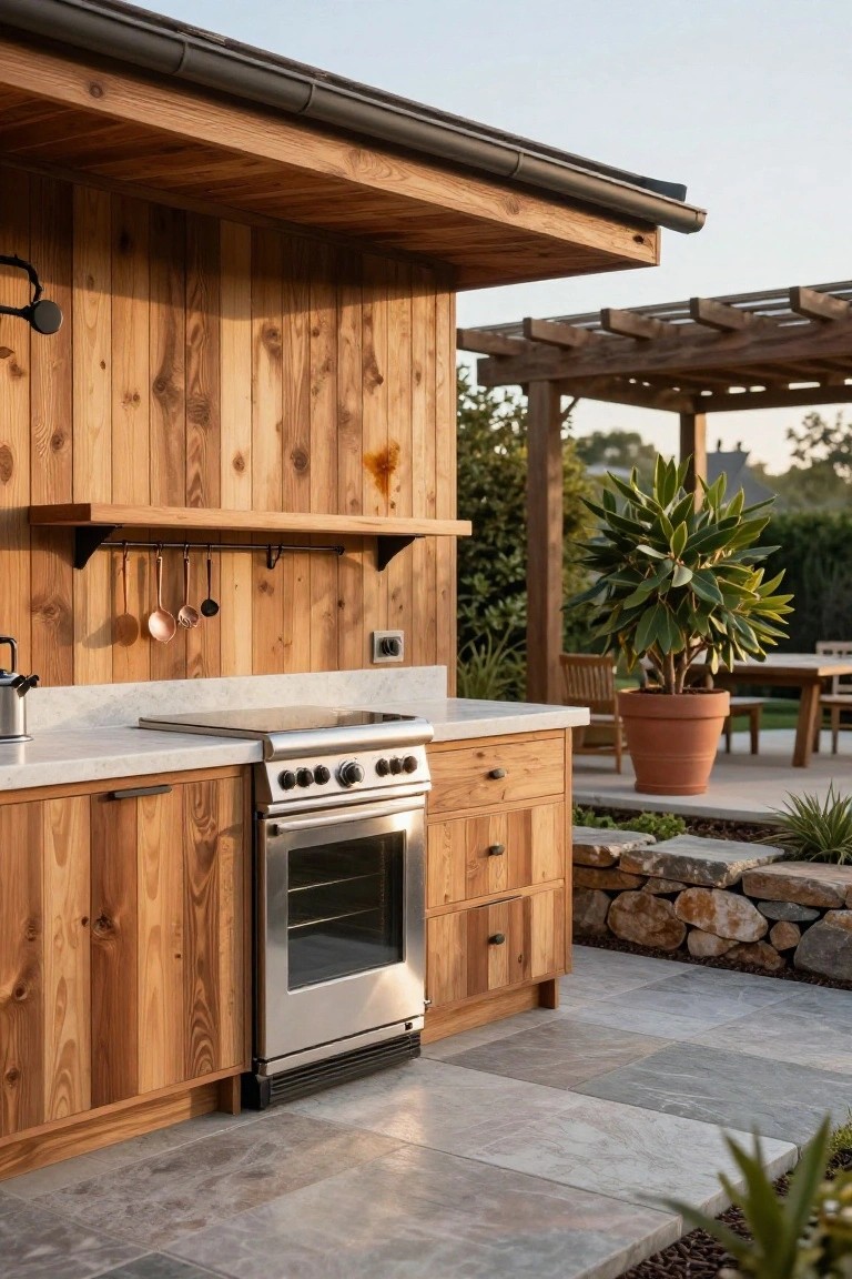 Outdoor kitchen with wooden vertical plank walls and cabinets, stainless steel cooktop and oven, white marble countertop, hanging copper utensils on a shelf, under a wooden roof on gray tiled patio with potted plants and distant dining table.
