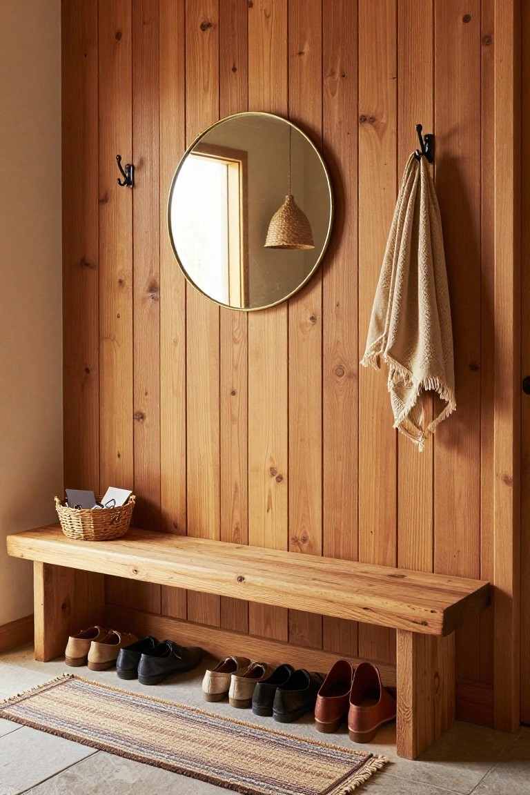 Wood-paneled entryway with a wooden bench holding a woven basket, shoes stored underneath the bench, coat hooks with a towel draped over one, and a round mirror on the wall.