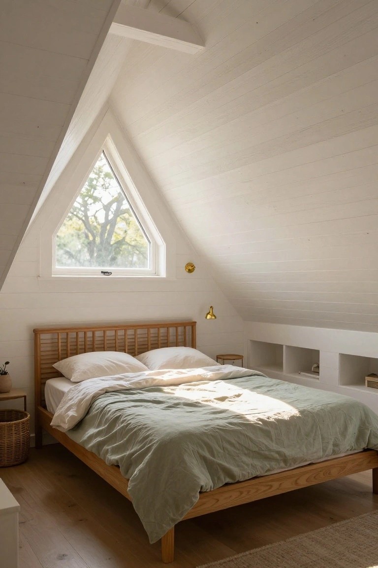 Sunlit attic bedroom in an A-frame cabin with white shiplap sloped ceiling and walls, triangular window showing trees outside, wooden platform bed with green duvet and white pillows, built-in shelves, and hardwood floor.