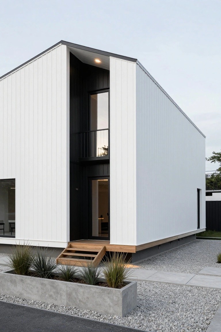 Modern elevated A-frame cabin exterior featuring white vertical cladding, black recessed entrance and balcony with glass, wooden steps, concrete planters with grasses, gravel ground cover, and concrete path.