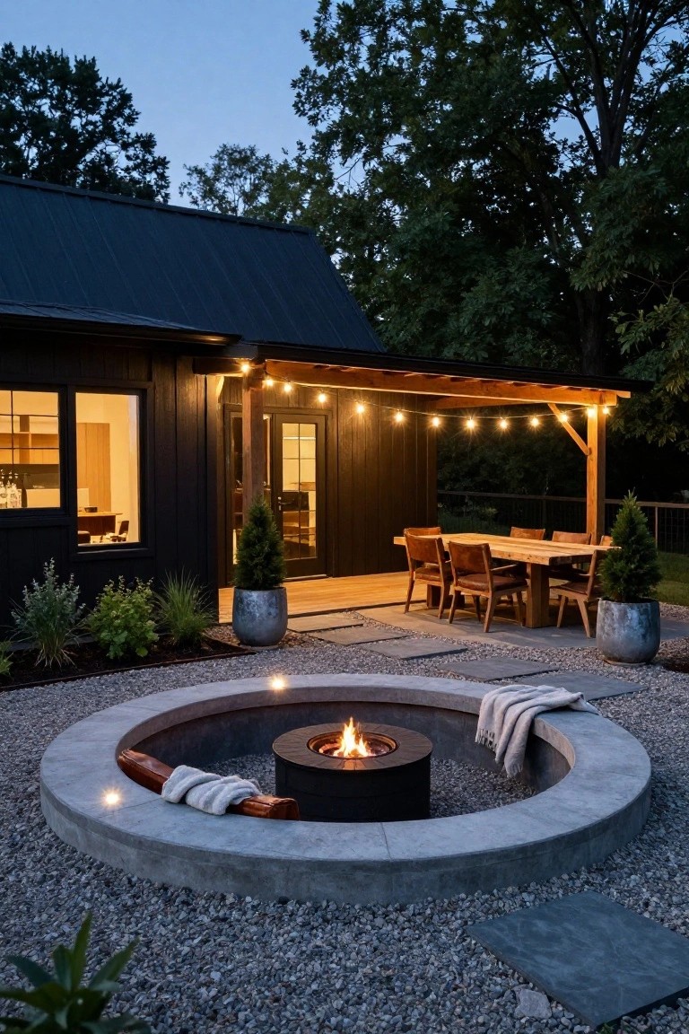 Black A-frame cabin exterior at dusk with a covered wooden porch strung with lights and a dining table, next to a circular concrete fire pit enclosure with built-in bench seating and cushions in a gravel yard.