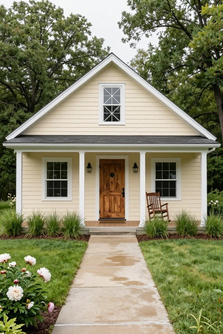 Pale yellow clapboard house with gabled dark roof, white trim, columned front porch, wooden door with knob, rocking chair, lantern lights, flanked by ornamental grasses and peony flowers along a concrete walkway in a grassy yard with trees.