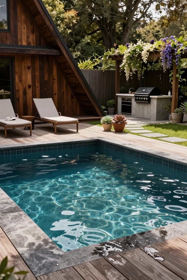 Wooden deck surrounding a small rectangular turquoise-tiled plunge pool, with two beige loungers, potted succulents, and a concrete outdoor kitchen featuring a black barbecue grill, adjacent to an A-frame cabin and garden fence.