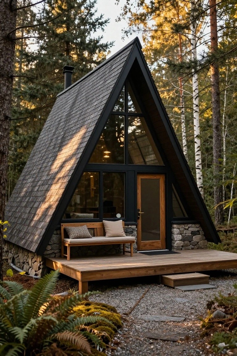 A-frame cabin with dark shingled roof, black-framed triangular glass facade, wooden entry door, stone base walls, wooden deck with bench, and surrounding conifer trees and ferns on gravel ground.