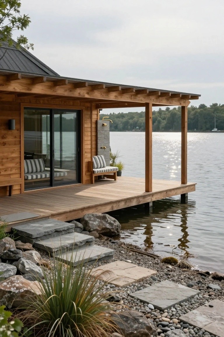 Wooden cabin exterior with large sliding glass doors opening onto a wooden deck supported by pilings extending over a lake, featuring built-in cushioned benches, an outdoor shower fixture, potted plants, and stone steps leading to rocky shoreline.