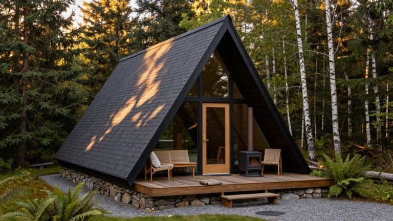 A-frame cabin with dark shingled roof, black-framed triangular glass facade, wooden entry door, stone base walls, wooden deck with bench, and surrounding conifer trees and ferns on gravel ground.
