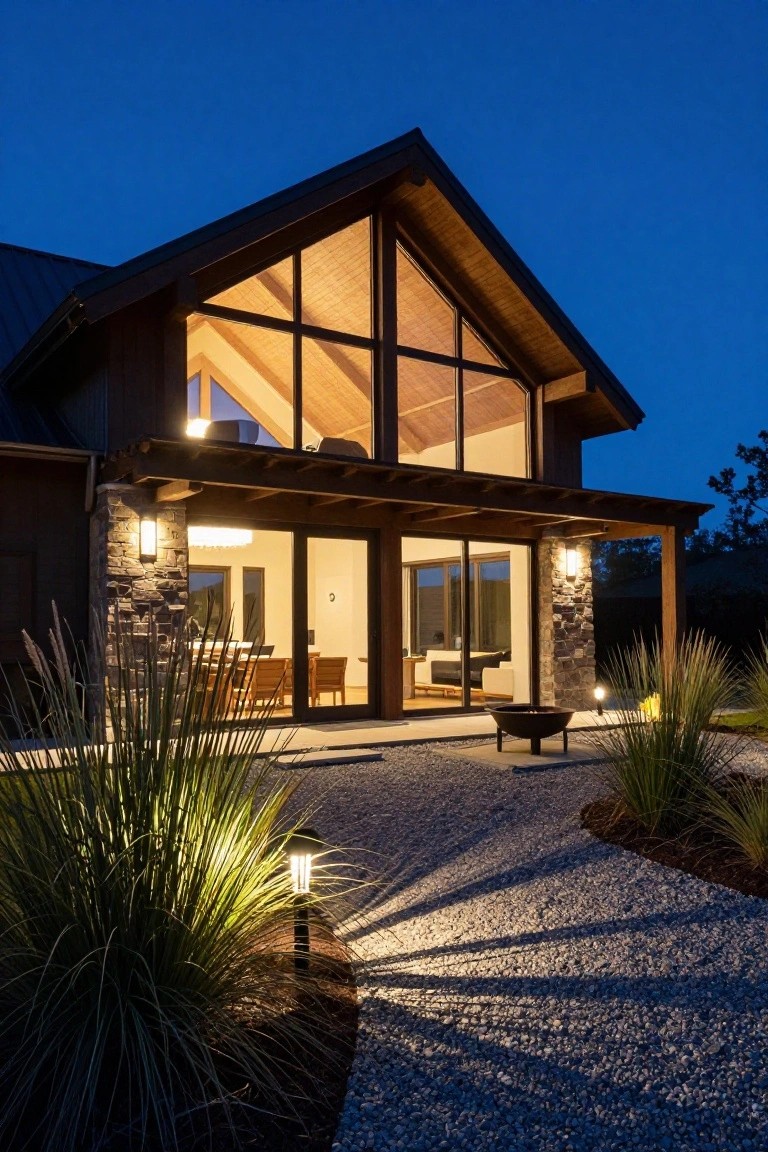 Nighttime exterior view of a dark wood A-frame cabin with a large triangular glass gable window, covered porch on stone pillars, gravel path with bollard lights, fire pit, and tall ornamental grasses.