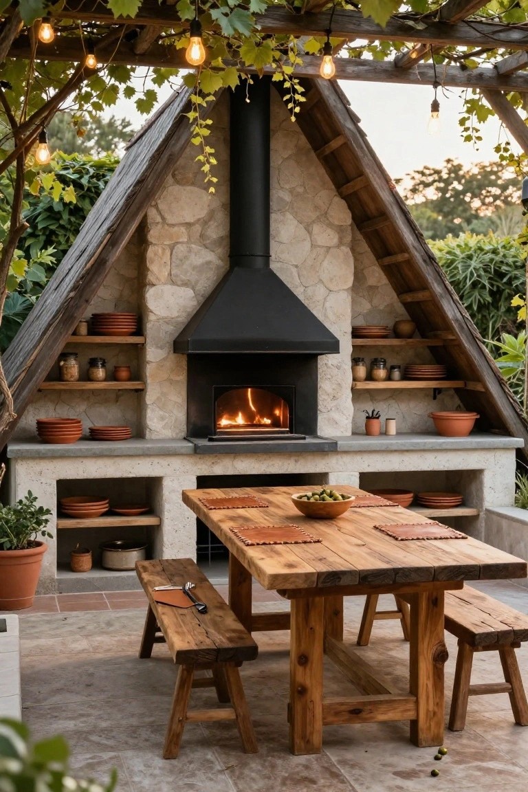 Triangular A-frame outdoor structure made of stone and wood with a lit black fireplace oven, wooden dining table and benches on a tiled patio, surrounded by terracotta pots, greenery, vines, and string lights.