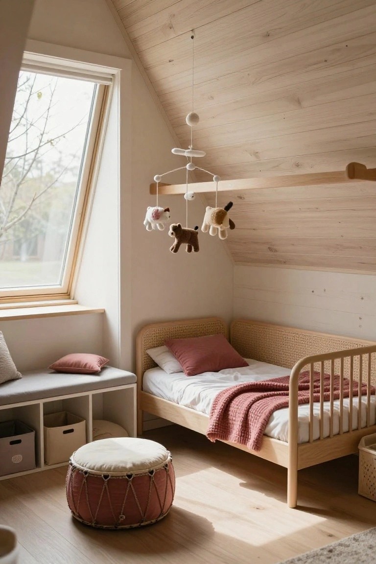 A-frame attic nursery with rattan toddler bed featuring pink bedding and pillows, wooden sloped ceilings, hanging plush animal mobile, built-in bench storage, and a drum stool on light wood floors.
