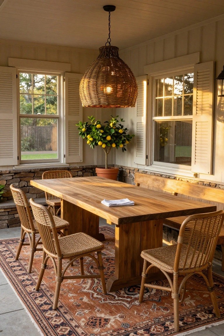 Screened porch with wooden trestle dining table, rattan chairs, terracotta lemon tree pot, hanging rattan lantern, open shutters on windows, stone walls, and patterned outdoor rug on tile floor.