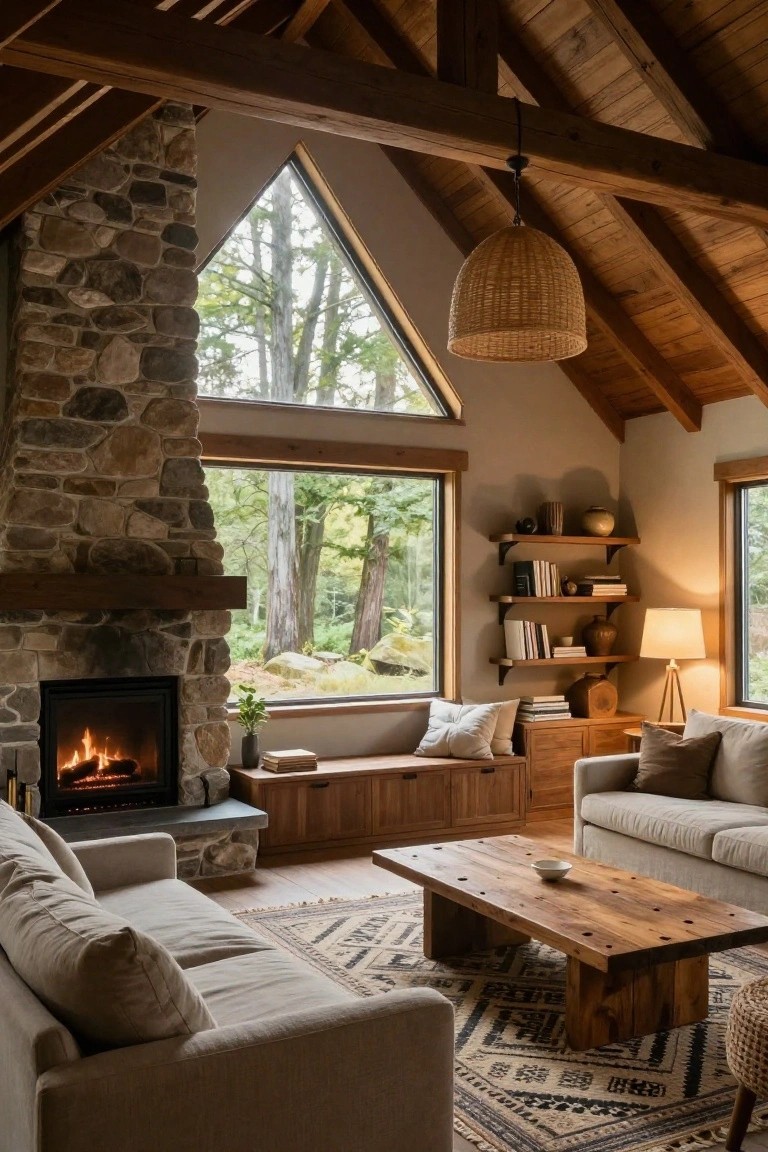A-frame cabin living room interior with tall stone fireplace, burning fire, wooden beams and furniture, beige sofas, low coffee table, shelves, and large triangular window overlooking trees.