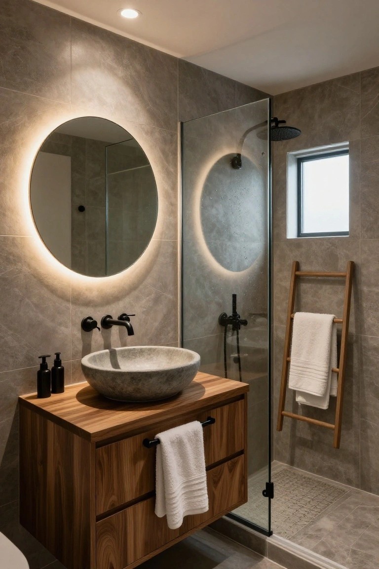 Modern bathroom with light wood vanity and drawers holding white towels, gray stone vessel sink, matte black faucets, round backlit mirror, glass shower enclosure with black rain showerhead, wooden towel ladder, and gray tiled walls and floor.