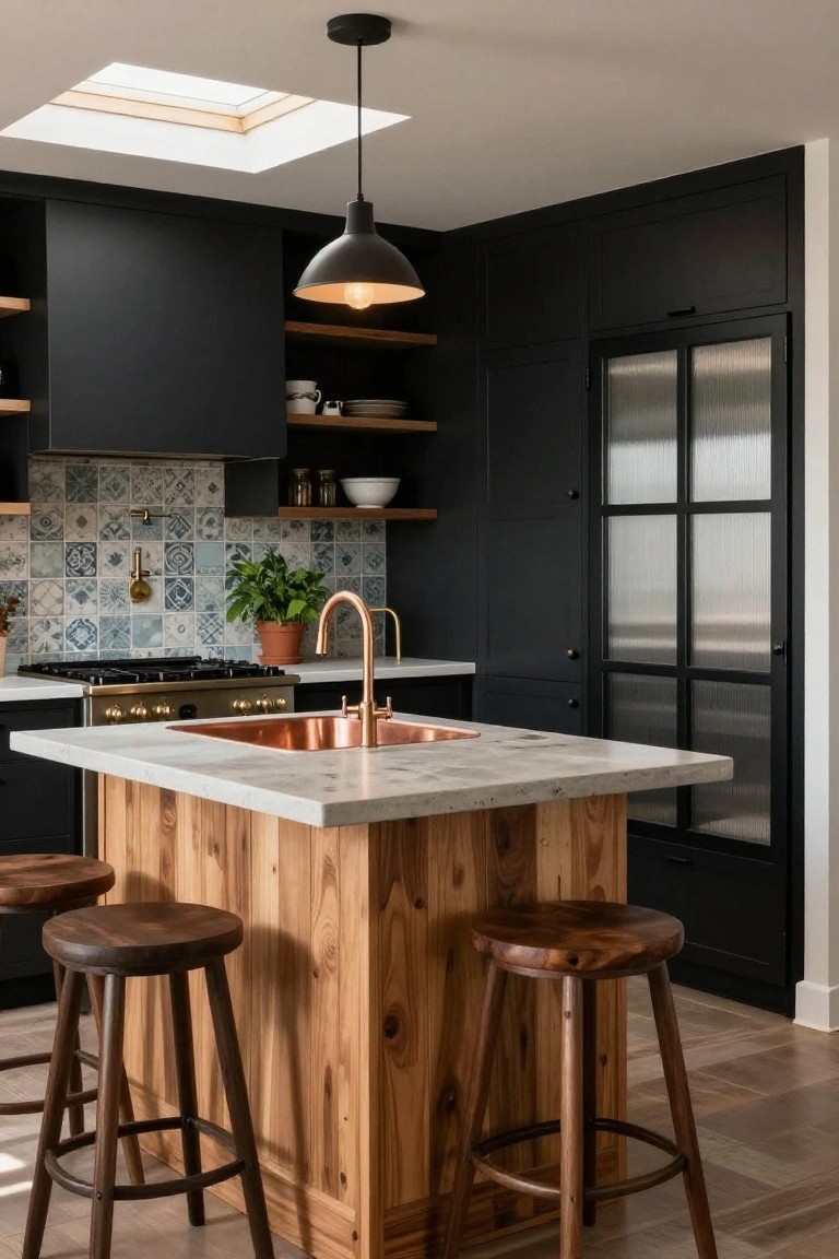 Kitchen with black cabinets, blue tile backsplash, copper sink and brass faucet, concrete-topped wooden center island with wooden stools, gas stove, open shelves, and skylight overhead.