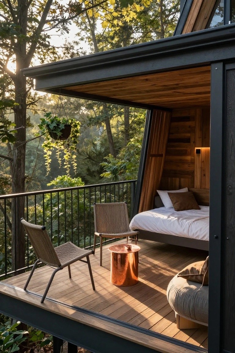 Elevated wooden balcony deck of an A-frame cabin in a dense forest, with two rattan armchairs, copper drum table, gray pouf, hanging plants, black metal railing, and partial view of white bed inside.