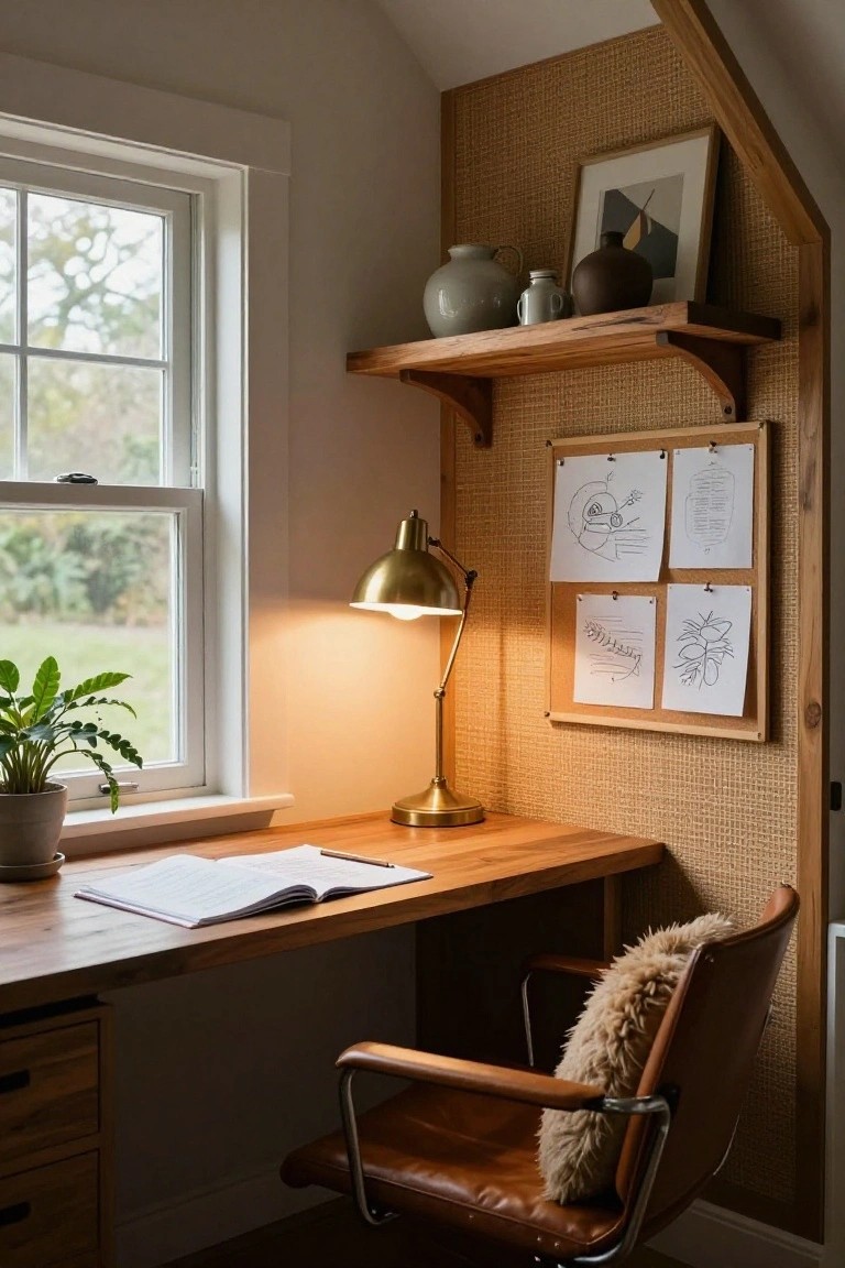 Cozy interior workspace nook in a light wood A-frame cabin with woven rattan wall paneling, wooden desk and shelves holding ceramics and sketches, brass lamp, leather chair with fur pillow, potted plant, and window showing trees outside.