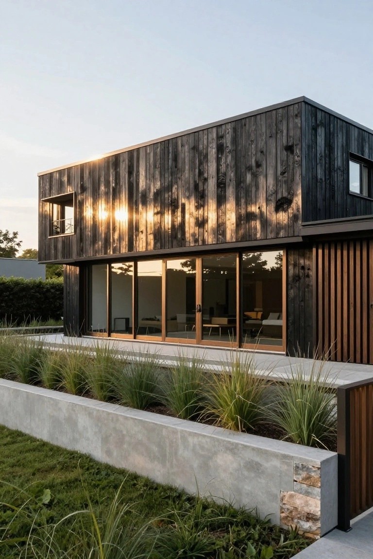 Modern house exterior featuring vertical dark charred wood cladding on walls, large sliding glass doors, concrete retaining wall with tall ornamental grasses, and adjacent green lawn.