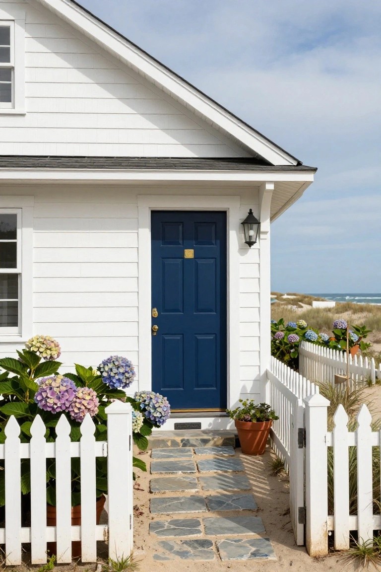 White clapboard-sided house corner with navy blue front door, brass knocker and handle, white picket fence, hydrangea bushes, potted plants, stone entry path, and beach dunes in background.