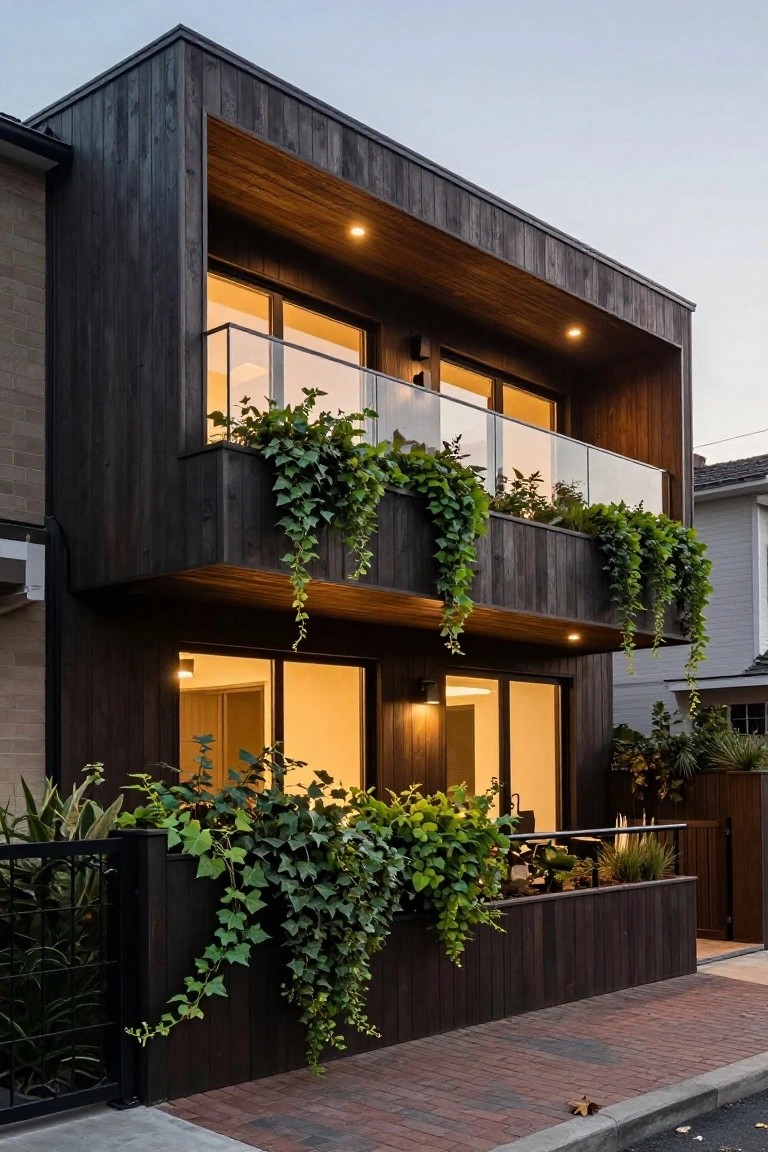 Two-story modern house exterior with dark vertical wood cladding, glass balconies draped in ivy, large windows, front gate with plants, and brick sidewalk at dusk.