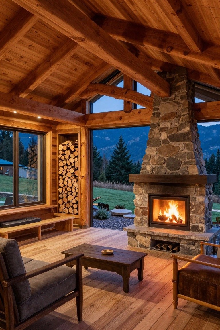 Timber-framed covered porch featuring exposed wooden beams on the ceiling, a tall stone fireplace with burning fire, stacked firewood in a wall niche, wooden chairs and bench, and large windows opening to a mountain landscape.