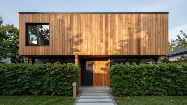 13 Polished Wood Cladding Architecture Ideas To Refresh Any Exterior Compact modern two-story house with vertical wood plank cladding, black door and slim windows, concrete entry steps, silver mailbox on wooden post, boxwood hedges, and gravel path beside a sidewalk.