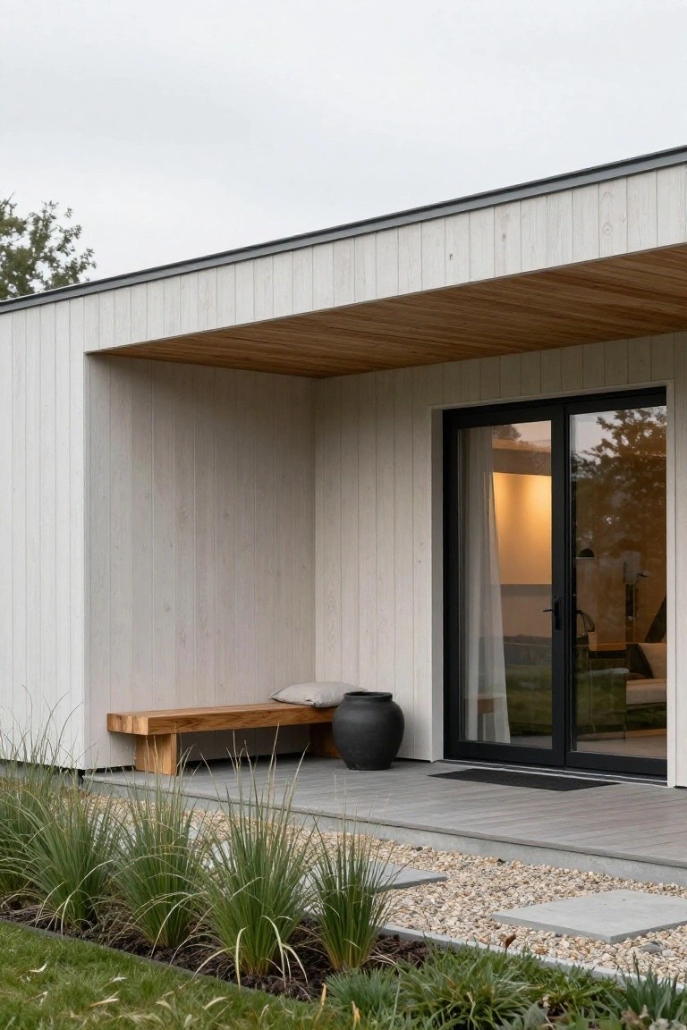 House exterior featuring vertical white wood cladding, overhanging natural wood porch ceiling, black sliding glass doors, wooden bench with cushion, black ceramic pot, gravel path, and ornamental grasses in the front yard.