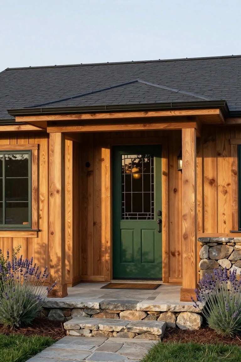 Front entrance of a small house with vertical natural wood siding, horizontal timber porch beams and posts, dark cedar shingle roof, green paneled door with glass, lantern light, stone steps, and lavender plants at the base.