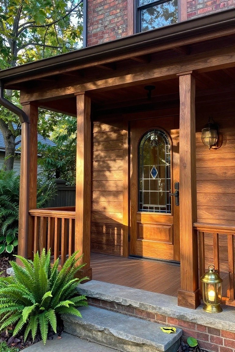 Front porch of a brick house featuring polished wood cladding on beams, posts, and siding, with a wooden door containing arched stained glass, wall lanterns, a brass lantern on the deck, ferns, and stone steps.
