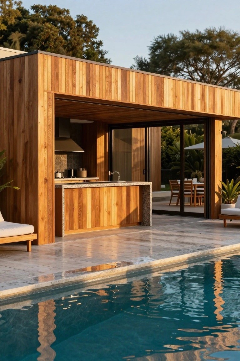 Outdoor pavilion clad in vertical wood planks with integrated kitchen, bar counter, and sliding glass doors overlooking a pool and garden.