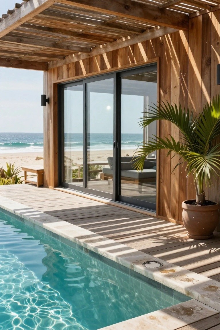 Vertical polished wood cladding on a beach house exterior with large black-framed glass sliding doors open to a wooden deck adjacent to a turquoise pool and ocean view.