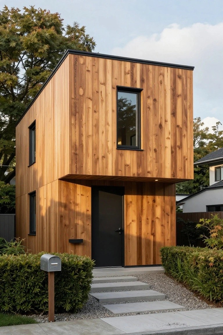 Compact modern two-story house with vertical wood plank cladding, black door and slim windows, concrete entry steps, silver mailbox on wooden post, boxwood hedges, and gravel path beside a sidewalk.