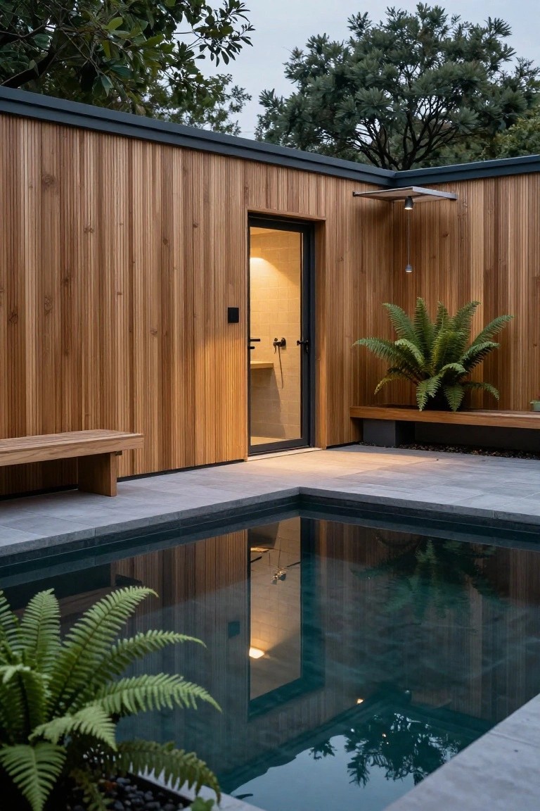 Small modern building clad in vertical polished wood planks with a glass door open to an interior shower, positioned beside a rectangular dark-water plunge pool on a gray stone patio, with wooden benches, ferns, and trees nearby.