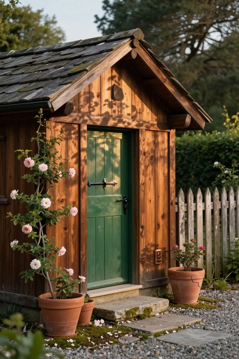 Small wooden garden shed with vertical wood cladding, green door, climbing pink roses on the left side, two terracotta pots with plants near the steps, white picket fence, gravel ground, and garden backdrop.