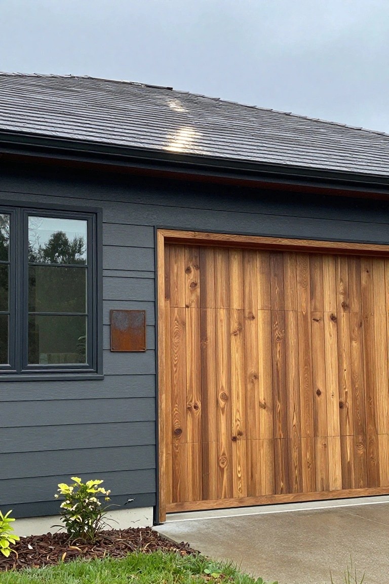 House exterior showing dark gray horizontal siding, black-framed window, large garage door clad in vertical light brown wood planks, rusted metal house number plate, small yellow flowering plant in mulch bed, and concrete driveway.