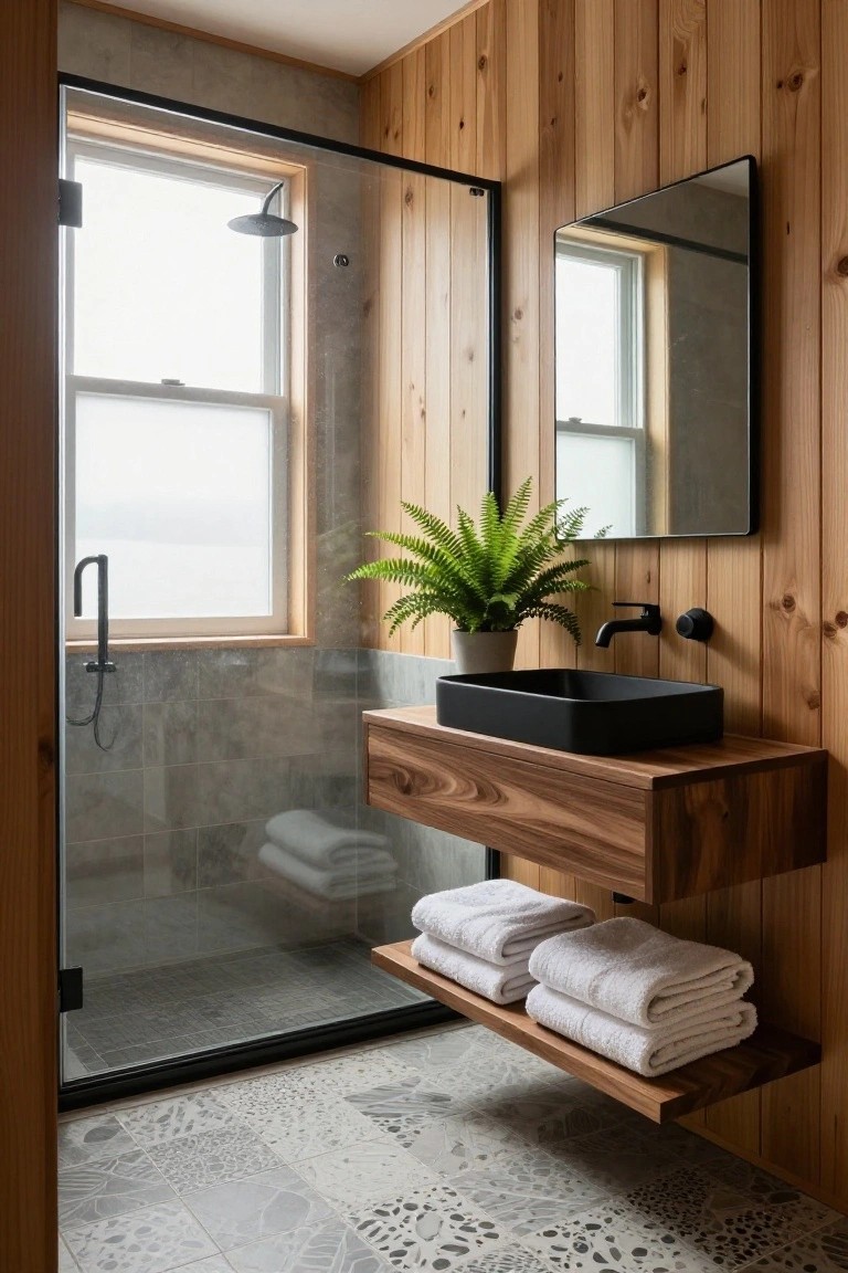 Bathroom interior with vertical wood-paneled walls, floating wooden vanity topped by black vessel sink, lower wooden shelf holding folded white towels, glass shower enclosure with gray tiles, and a potted fern plant near a black-framed mirror.