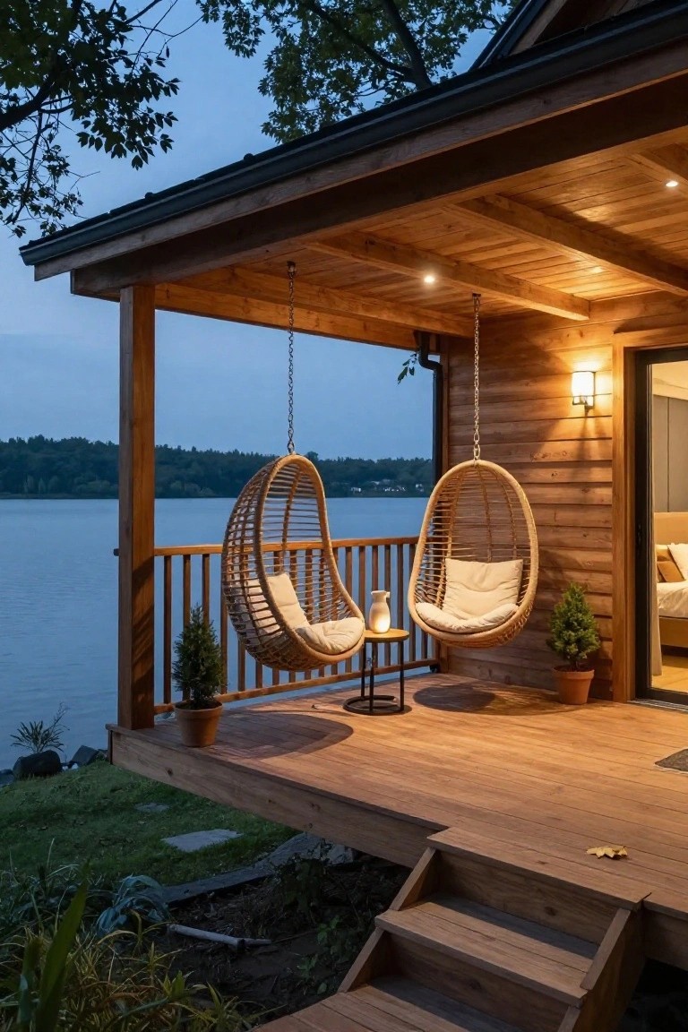 Wooden cabin deck porch at dusk with two hanging rattan egg chairs with white cushions and pillows, a small black metal table between them, railing overlooking a lake, potted plants, and warm exterior lighting.