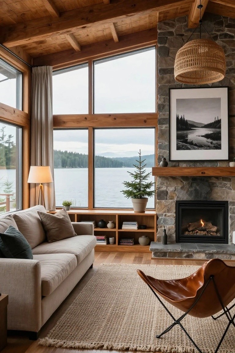 Wooden cabin living room with vaulted wood beam ceiling, large multi-pane windows overlooking a lake and trees, stone fireplace with gas logs, beige sofa with green pillows, leather sling chair, seagrass rug, and potted Christmas tree.