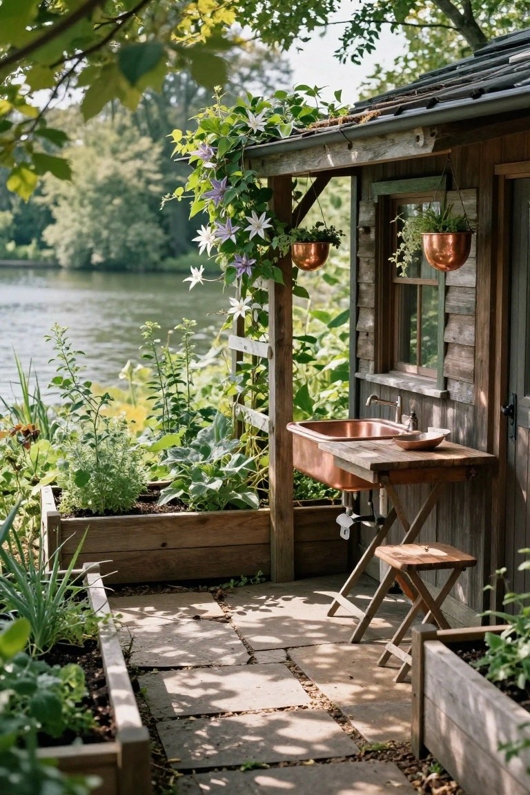 Wooden garden shed with copper outdoor sink on wooden stand and stool, surrounded by raised garden beds with plants, climbing vines, hanging pots, stone path, and lake in background.