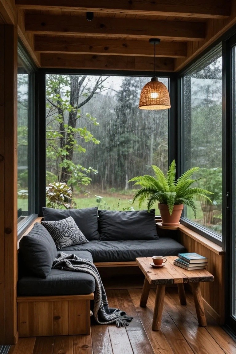 Wooden interior corner with dark gray bench cushions, patterned pillows, wool throw, small rustic table with stacked books and orange teacup and saucer, potted fern plant, large black-framed windows overlooking rainy green forest, warm wood floors and ceiling.