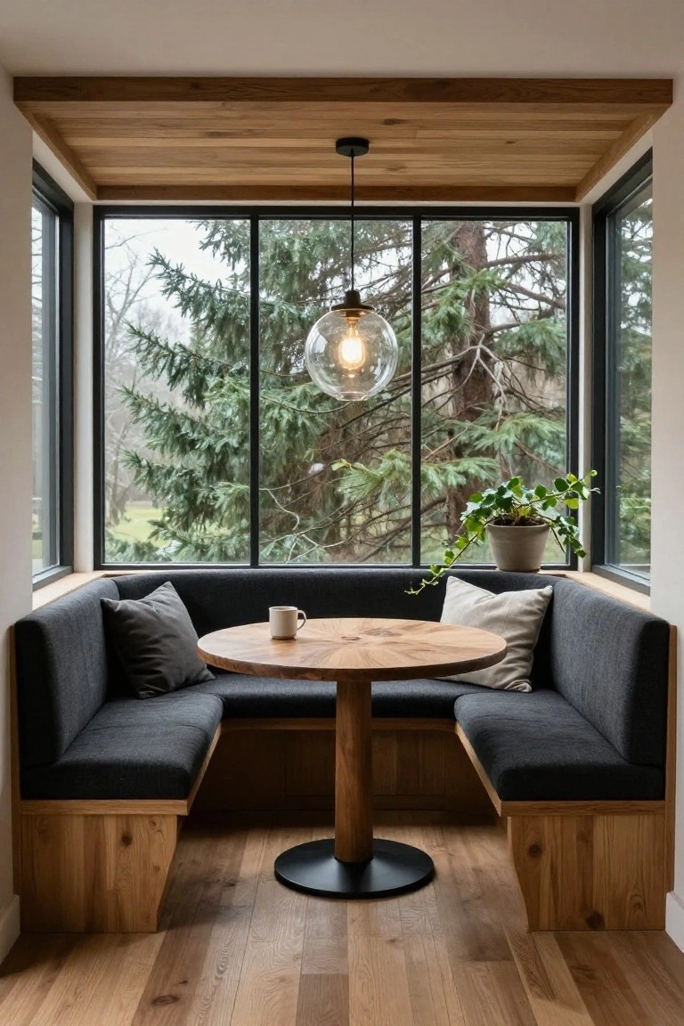 Corner indoor nook with dark gray upholstered banquette benches around a round wooden table, large black-framed windows showing evergreen trees outside, wooden ceiling and base accents, potted plant, and glass pendant light with bulb.