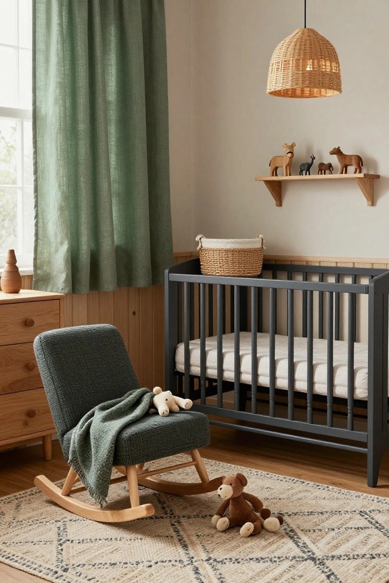 Nursery room with green curtains on a window, beige walls with wood trim, wooden shelf holding small animal figures, rattan basket on top, gray wooden crib with mattress, green upholstered wooden rocking chair holding green blanket and stuffed toys, brown teddy bear on beige patterned rug, hardwood floor.