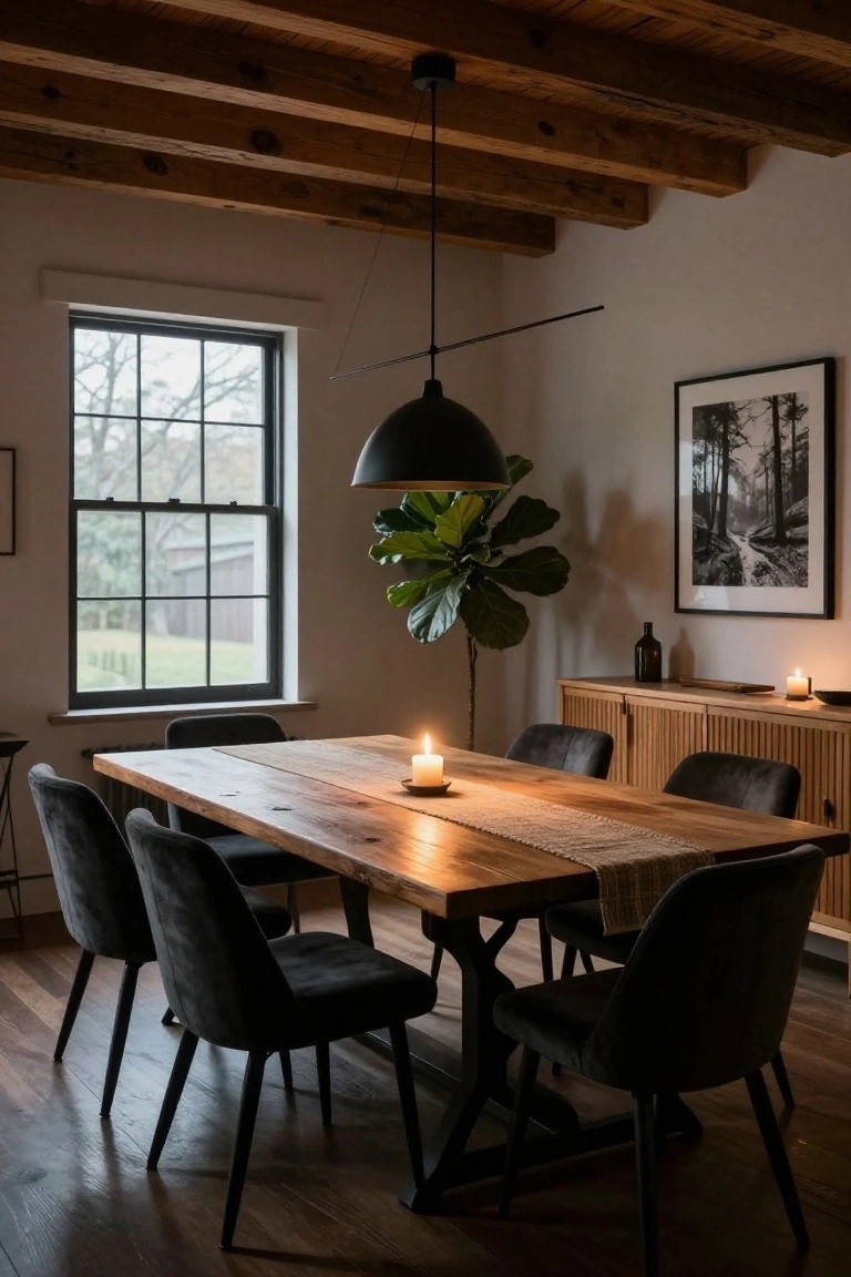 Dining room interior with exposed wooden beam ceiling, long rectangular wooden table topped with a runner and candles, six black upholstered chairs, potted fiddle leaf fig plant next to a credenza, black pendant light, and large window showing rural view.