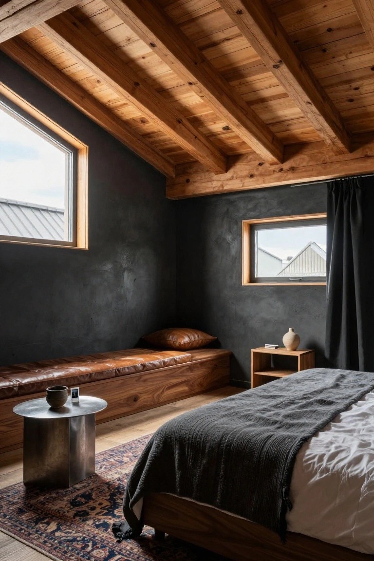 Bedroom interior with dark textured walls, exposed wooden ceiling beams, sloped roofline, wooden bed with gray throw, leather bench with cushions, side table, and small angled windows.