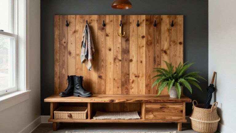 Vertical warm-toned wood-paneled walls in a mudroom with multiple black coat hooks, brass door knocker, wooden bench with under-bench storage holding black boots and wicker basket, potted fern plant, colorful scarf on bench, and jute rug on wood floor.
