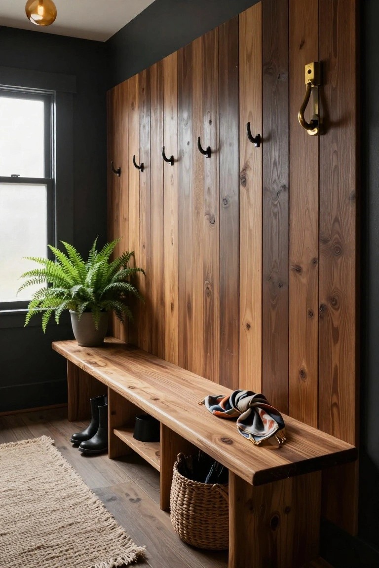 Vertical warm-toned wood-paneled walls in a mudroom with multiple black coat hooks, brass door knocker, wooden bench with under-bench storage holding black boots and wicker basket, potted fern plant, colorful scarf on bench, and jute rug on wood floor.