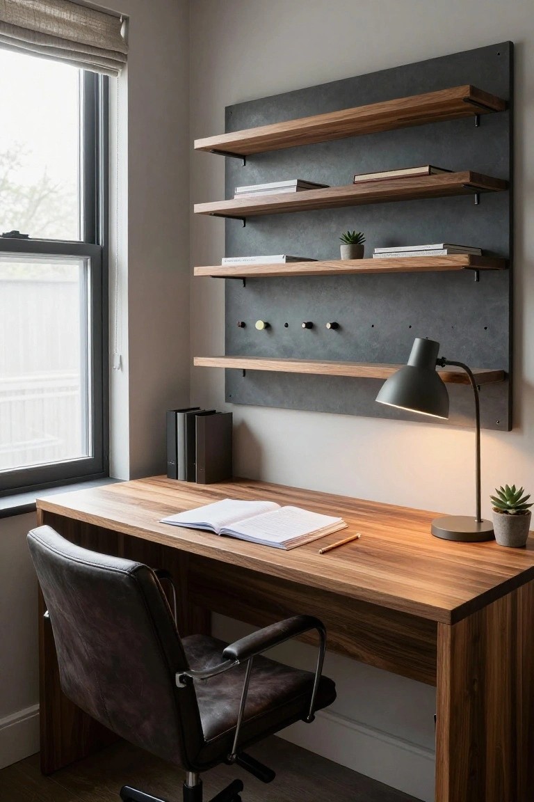 Modern home office interior with wooden desk holding an open notebook and pencil, brown leather chair, wall-mounted wooden shelves on dark gray metal panel stocked with books and plants, integrated peg hooks, adjustable desk lamp, and window with sheer blind.