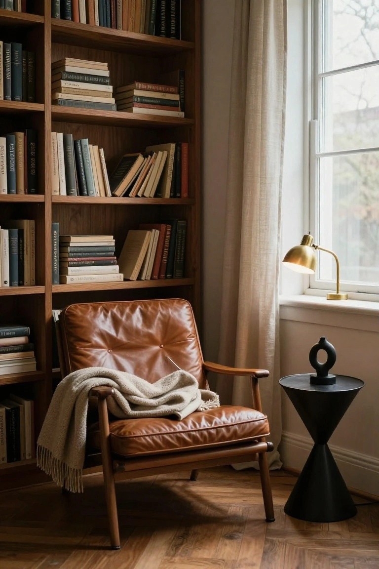 Tan leather armchair with a beige knit throw sits in a wooden bookshelf corner next to a window with sheer curtains, brass lamp on the sill, black side table with vase, and hardwood floors.
