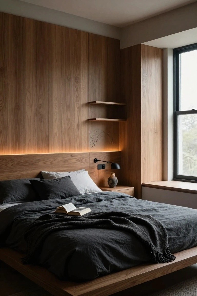 Modern bedroom with light vertical wooden paneling on walls and headboard, low platform bed with dark gray linens and open book, floating shelves, black lamp on nightstand with ceramic vase, and large corner window with built-in seat.