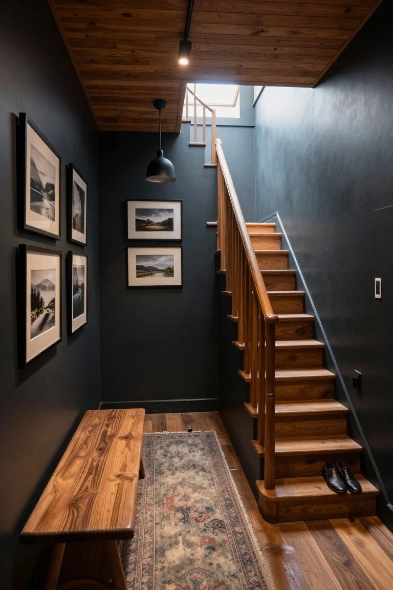 Narrow interior hallway with dark gray walls, exposed wooden ceiling and beams, ascending wooden open-tread staircase with railing, skylight above, four framed black-and-white landscape photos on walls, wooden bench beside patterned rug on wood floor, pair of shoes on bottom step.